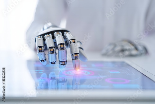 Artificial Intelligence Interaction: A futuristic robotic hand delicately interacts with a digital interface, symbolizing the seamless integration of AI and modern technology. 