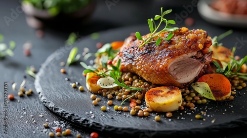Delicious roasted chicken served on a black stone plate with vegetables and lentils at a dining table