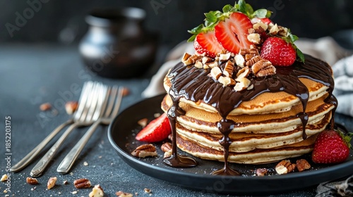 Stack of pancakes with chocolate sauce, nuts, and strawberries on a black plate in a kitchen setting