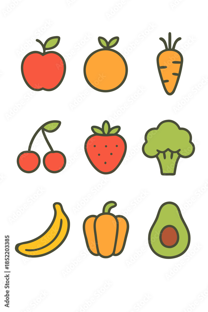 Fototapeta premium Colorful Fruit and Vegetable Icon Set in Flat Style