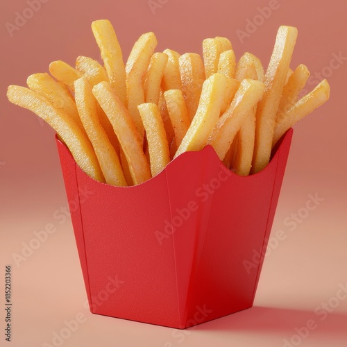 Freshly cooked French fries served in a red container on a simple background at a food setting