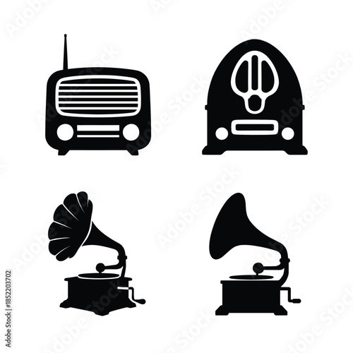 Vintage radio and gramophone silhouettes on white background Keywords: radio, gramophone, vintage, retro, antique