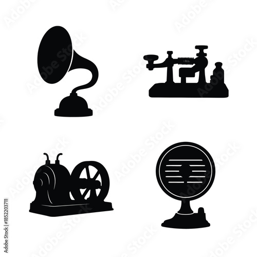 Vintage sound and communication device silhouettes on white background Keywords: sound, communication, vintage