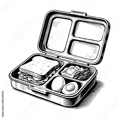 Open lunchbox containing sandwich, eggs, and snacks, hand-drawn sketch style on white background. Concept of school or office meal