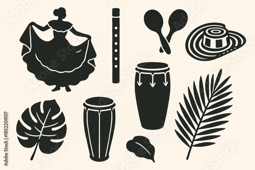 Colombian Caribbean Folklore Icon Set with Cumbia Dress, Maracas and Traditional Instruments
