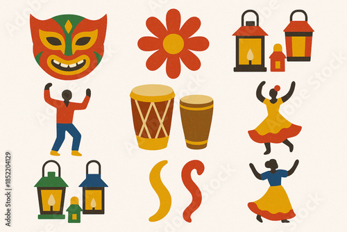 Colombian Festival Icon Set with Barranquilla Carnival, Flower Parade and Traditional Symbols