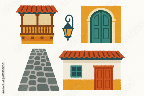 Colombian Heritage Towns Icon Set with Colonial Balconies, Colorful Doors and Cobblestone Streets