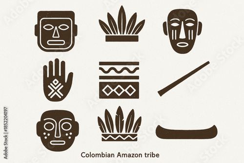 Colombian Amazon Tribe Icon Set with Tribal Masks, Feather Crowns and Canoe Symbols