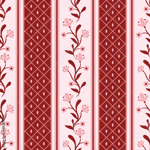 Vector whimsy floral stripe pattern. Red seamless elegant border pattern. Perfect for wallpaper, wrapping paper, textile and stationery. Vector preppy pattern