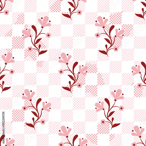 Floral whimsy pattern pink checkered background with flower vines. Farmhouse rustic backdrop and floral stripes grandmillenial style