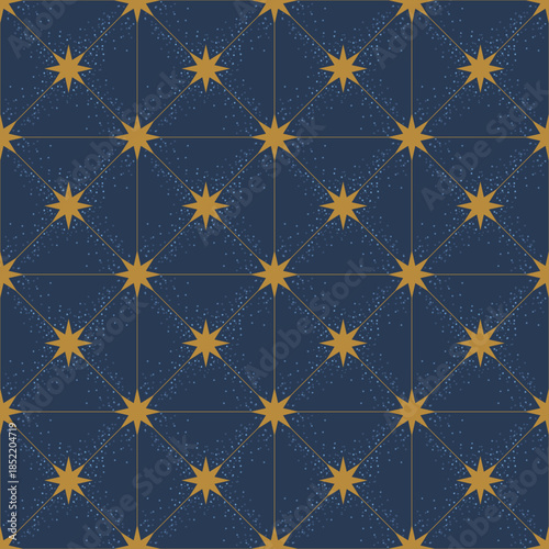 Little stars thin line tiles festive seamless pattern. Blue and gold colors thin stardust shapes wallpaper, gift wrap texture