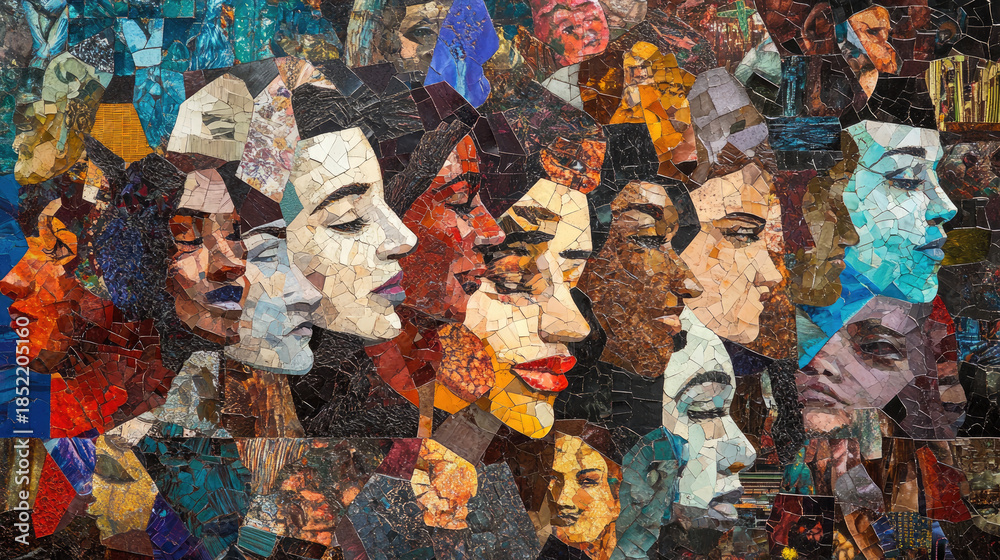 Fototapeta premium A captivating artwork showcasing a mosaic of diverse faces, reflecting unity and complexity. The artwork highlights the beauty of differences, with each face telling a unique story AI Generative