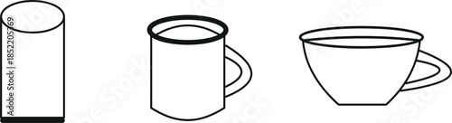 Line drawings of a mug in three different orientations