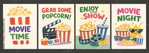 Colorful vector poster set with cute cinema illustrations, popcorn, movie night quotes and film elements. Perfect for movie events, kids designs, home cinema decor and entertainment branding.