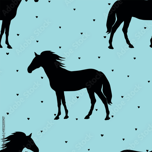 Animal seamless pattern with cartoon horses on color background. Cute holiday illustration with horse. Design for invitation, poster, card, fabric, textile, wrapper.