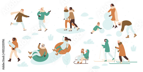 People in Christmas outdoor activity vector illustration set. Cartoon active man woman and kid characters skating on ice rink, sledding skiing, playing snowballs in winter snow park isolated on white