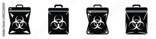 Biohazard Waste Bag Silhouette Icons Set – Medical Waste Disposal Vector Illustration for Healthcare, Laboratory Safety, Hospital Sanitation, and Infection Control Design