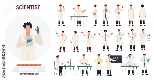 Scientist poses vector illustration set. Cartoon man character wearing lab coat, posing in scientific laboratory with science equipment, different gestures and emotion collection isolated on white