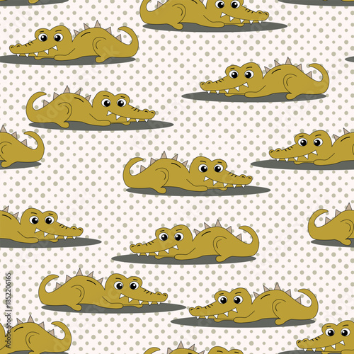 Animal seamless pattern with cartoon crocodiles on color background. Cute holiday illustration with crocodile for baby. Design for invitation, poster, card, fabric, textile, wrapper.