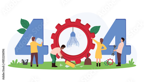 404 error message of system, page not found, disconnect and internet failure. Tiny people of maintenance and tech support service cleaning up broken light bulb fragments cartoon vector illustration