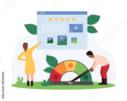 Customer feedback improvement from bad to good, brand reputation management. Tiny people control speedometer arrow on positive client review, green smile emoji on dial cartoon vector illustration