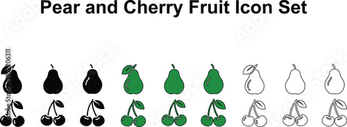 Pear and Cherry Fruit Icon Set in Silhouette Green and Outline Styles