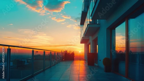 Video A city view with the sun setting over a building's balcony, suitable for use in urban or travel themed contexts