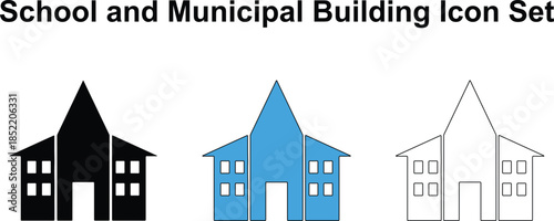 School and Municipal Building Icon Set in Silhouette Blue and Outline Styles