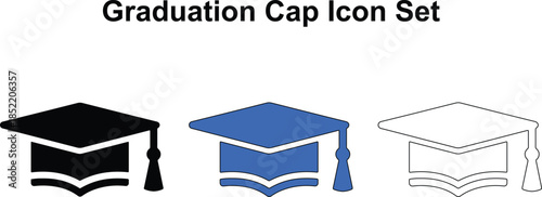 Graduation Cap Icon Set in Silhouette Blue and Outline Styles