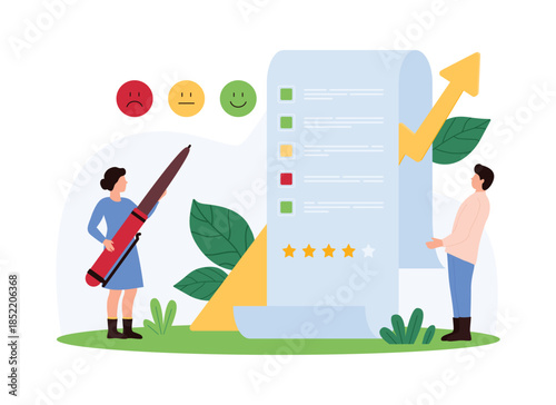 Customer feedback, report of clients satisfaction survey. Tiny people with pen check review list form to choose opinion, answer between angry, neutral and happy emoji face cartoon vector illustration