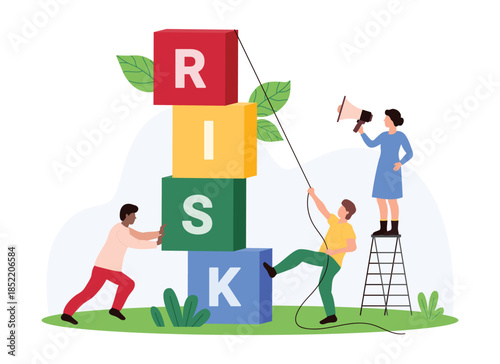 Reduce financial risk, business strategy to avoid danger and prevent money loss. Tiny people control tower of colorful cubes with text Risk, stop falling accident cartoon vector illustration