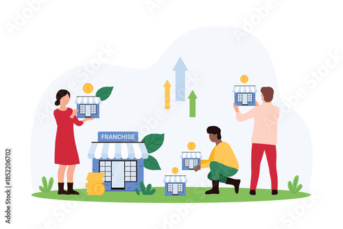 Franchise development, plan corporate company branch expansion for business growth. People holding small buildings to expand network empire of retail store or restaurant cartoon vector illustration