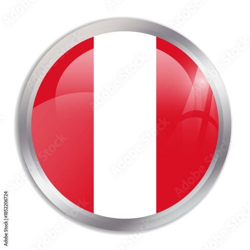Peru flag - glossy circle button in metal frame displays a colorful flag of a country cultural identity and heritage. The essence of national pride and unity.