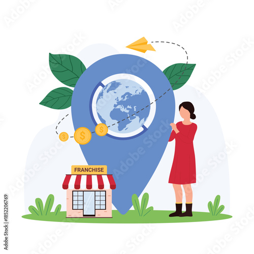 Global franchise expansion growth, open company branches with partners. Tiny woman with Earth globe inside location pointer, small building model of shop or restaurant cartoon vector illustration