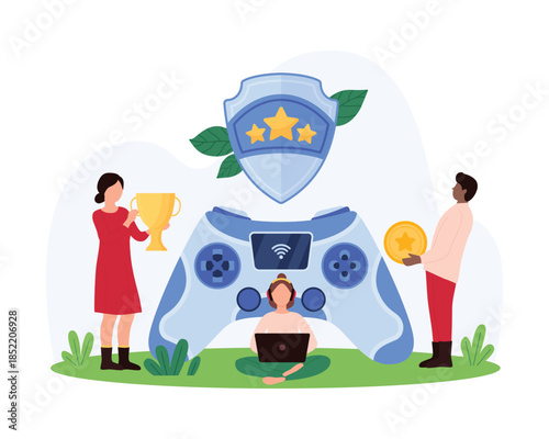 Online multiplayer game tournament, win championship, reward prizes for winner of battle. Tiny people holding gold cup and star for champions challenge at gamepad console cartoon vector illustration
