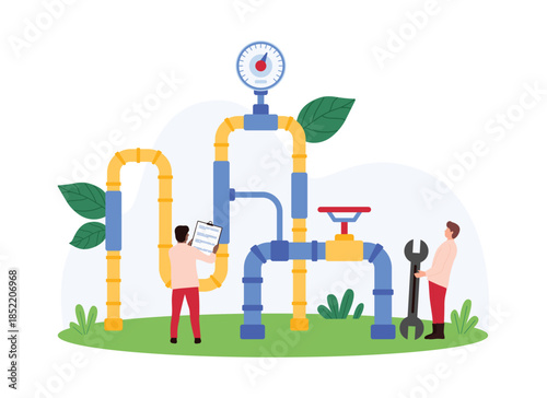 Pipeline safety inspection process in gas and oil, chemical industry audit. Tiny people of maintenance service check pipes and valve, control pressure in factory system cartoon vector illustration