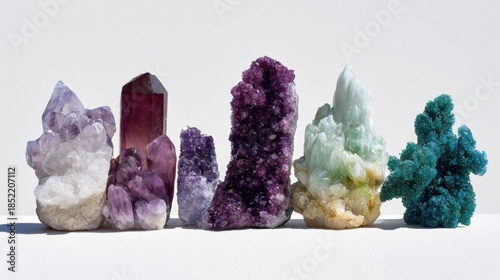 Colorful crystals arranged on a white surface in bright light