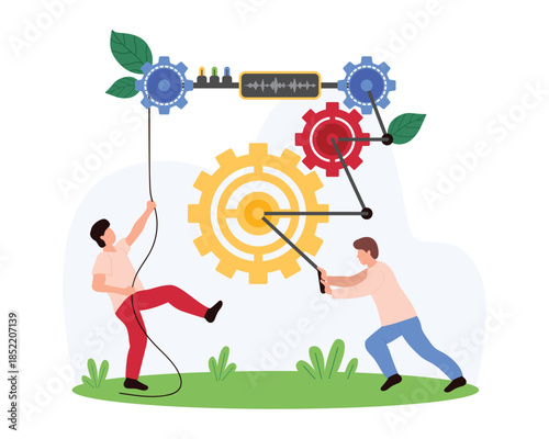 Business team cooperation process, unity of employee in company. Tiny people working hard to move gear mechanism together, efficient operation of cogwheels, engine parts cartoon vector illustration