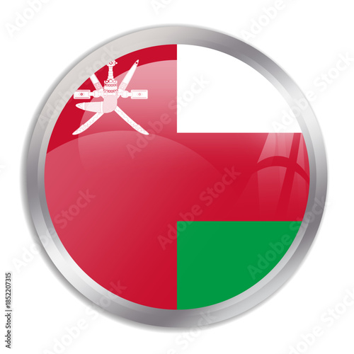 Oman flag - glossy circle button in metal frame displays a colorful flag of a country cultural identity and heritage. The essence of national pride and unity.