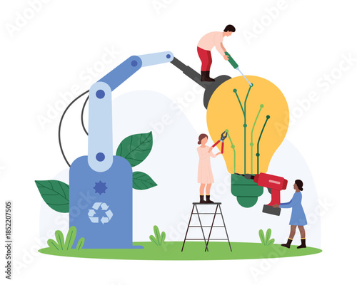 Development of green energy eco project, sustainability ideas using AI innovations. Tiny people and robot building light bulb with leaf together, repair circuit inside cartoon vector illustration
