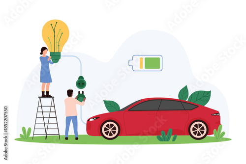 Green energy solutions, electric car charger development to save environment, city transport of future. Tiny people connect bright light bulb and auto vehicle to charge cartoon vector illustration