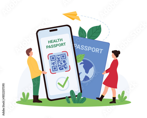 Health certificate with QR code and passport for international travel. Tiny people holding smartphone with medical scan and check mark on screen, electronic boarding pass cartoon vector illustration