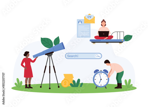 Online search for CV of professional employee by employer, choice of best candidate, headhunting. Tiny people look through telescope at resume offers for interview cartoon vector illustration