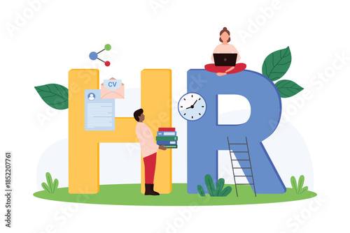 HR search for candidates for corporate company vacancy. Tiny people find and recruit talent employees, headhunters review online resume and CV, recruit staff at HR text cartoon vector illustration