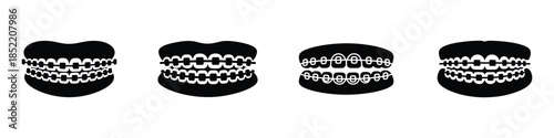 Dental Braces Silhouette Icons Set – Orthodontic Treatment Vector Illustration for Teeth Alignment, Oral Health, Dentistry Equipment, Smile Correction, and Healthcare Design