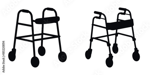 Medical Walker Silhouette Icons Set – Mobility Aid Vector Illustration for Elderly Care, Rehabilitation Support, Physical Therapy, Hospital Equipment, and Healthcare Assistance Design