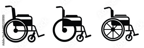 Wheelchair Silhouette Icons Set – Medical Mobility Aid Vector Illustration for Hospital Equipment, Rehabilitation Support, Patient Care, Disability Assistance, and Healthcare Design