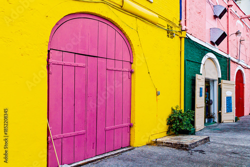 Vibrant colors of storefronts in Bridgetowm., Barbados.