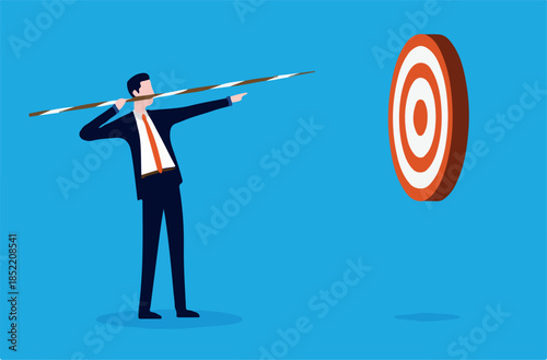Business practice - Businessman practicing hitting bullseye in target. Vector illustration.