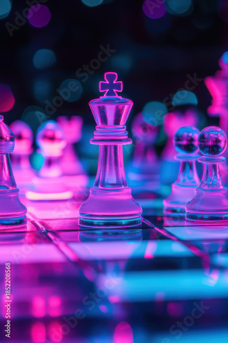 Neon lights illuminate a chessboard with glass pieces in pink and blue